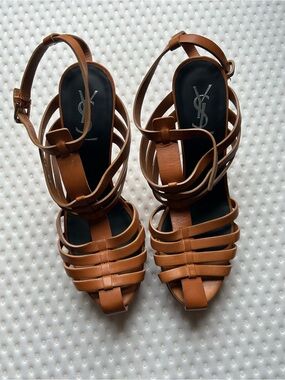 Saint Laurent Paris YSL Brown Leather Strappy Platform Sandals Heels 38.5